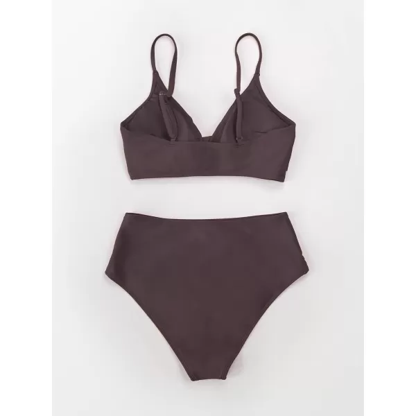 imageCUPSHE Womens Bikini Sets Two Piece Swimsuit High Waisted V Neck Twist Front Adjustable Spaghetti Straps Bathing SuitBrown