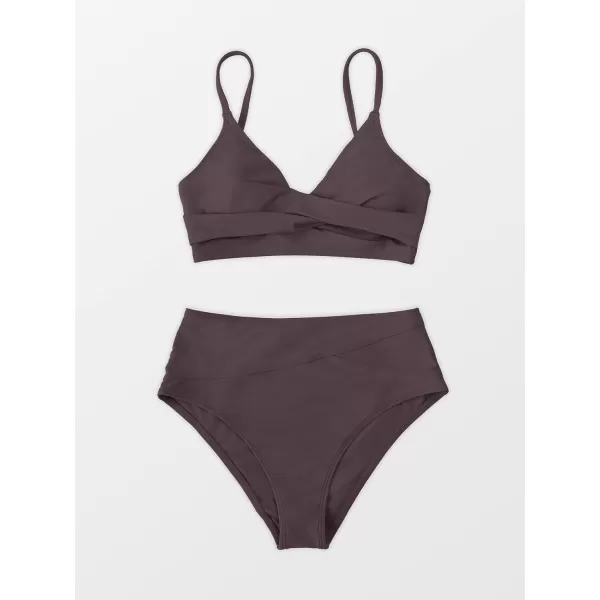 imageCUPSHE Womens Bikini Sets Two Piece Swimsuit High Waisted V Neck Twist Front Adjustable Spaghetti Straps Bathing SuitBrown