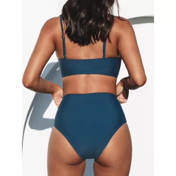 imageCUPSHE Womens Bikini Sets Two Piece Swimsuit High Waisted V Neck Twist Front Adjustable Spaghetti Straps Bathing SuitDark Blue