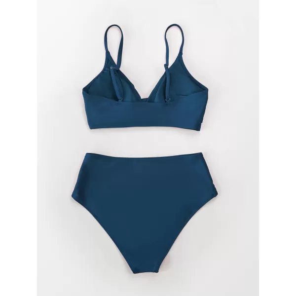 imageCUPSHE Womens Bikini Sets Two Piece Swimsuit High Waisted V Neck Twist Front Adjustable Spaghetti Straps Bathing SuitDark Blue