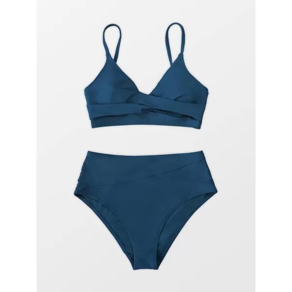 imageCUPSHE Womens Bikini Sets Two Piece Swimsuit High Waisted V Neck Twist Front Adjustable Spaghetti Straps Bathing SuitDark Blue