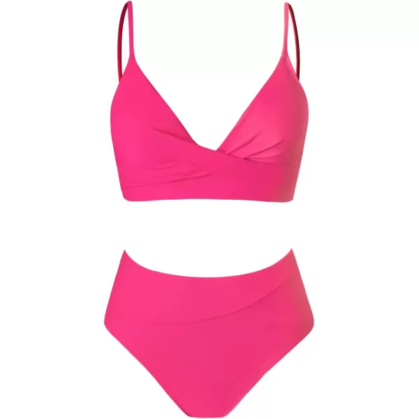 imageCUPSHE Womens Bikini Sets Two Piece Swimsuit High Waisted V Neck Twist Front Adjustable Spaghetti Straps Bathing SuitDeep Pink