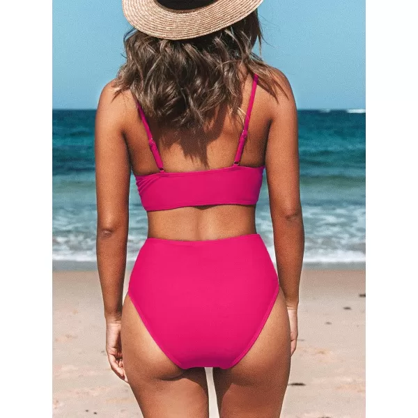 imageCUPSHE Womens Bikini Sets Two Piece Swimsuit High Waisted V Neck Twist Front Adjustable Spaghetti Straps Bathing SuitDeep Pink