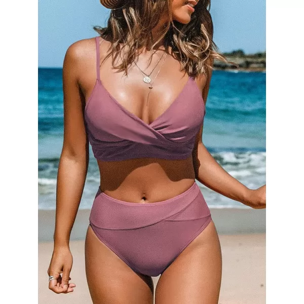 imageCUPSHE Womens Bikini Sets Two Piece Swimsuit High Waisted V Neck Twist Front Adjustable Spaghetti Straps Bathing SuitGrape Purple