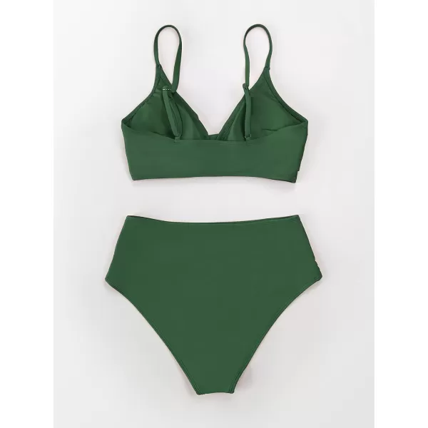 imageCUPSHE Womens Bikini Sets Two Piece Swimsuit High Waisted V Neck Twist Front Adjustable Spaghetti Straps Bathing SuitGreen
