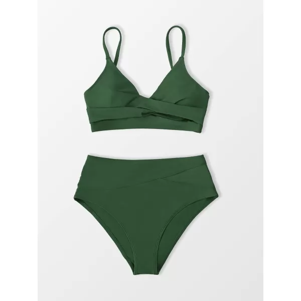 imageCUPSHE Womens Bikini Sets Two Piece Swimsuit High Waisted V Neck Twist Front Adjustable Spaghetti Straps Bathing SuitGreen