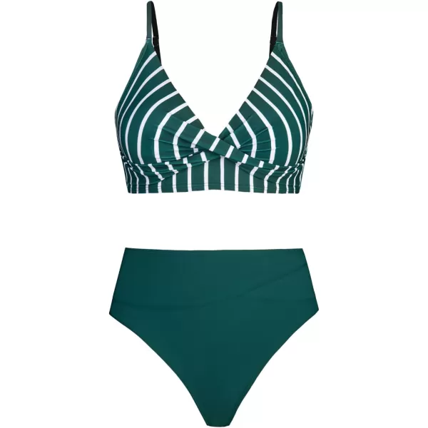 imageCUPSHE Womens Bikini Sets Two Piece Swimsuit High Waisted V Neck Twist Front Adjustable Spaghetti Straps Bathing SuitGreen Stripes