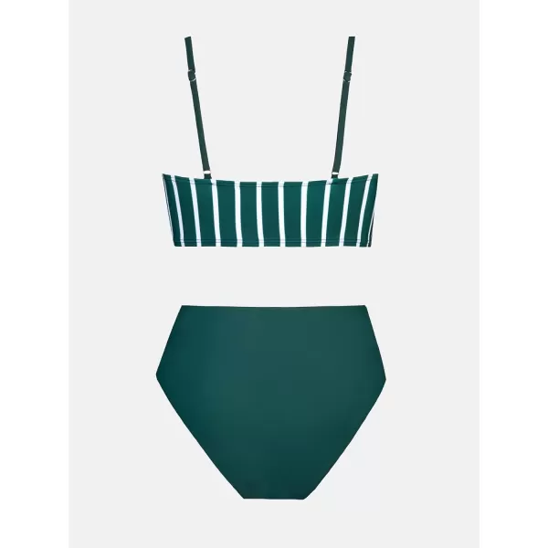 imageCUPSHE Womens Bikini Sets Two Piece Swimsuit High Waisted V Neck Twist Front Adjustable Spaghetti Straps Bathing SuitGreen Stripes