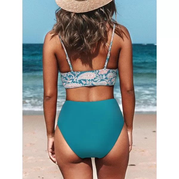 imageCUPSHE Womens Bikini Sets Two Piece Swimsuit High Waisted V Neck Twist Front Adjustable Spaghetti Straps Bathing SuitGreenPaisley