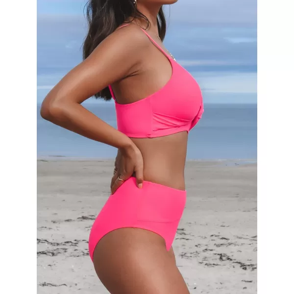 imageCUPSHE Womens Bikini Sets Two Piece Swimsuit High Waisted V Neck Twist Front Adjustable Spaghetti Straps Bathing SuitHot Pink