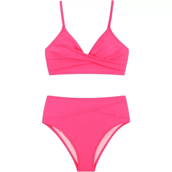 imageCUPSHE Womens Bikini Sets Two Piece Swimsuit High Waisted V Neck Twist Front Adjustable Spaghetti Straps Bathing SuitHot Pink