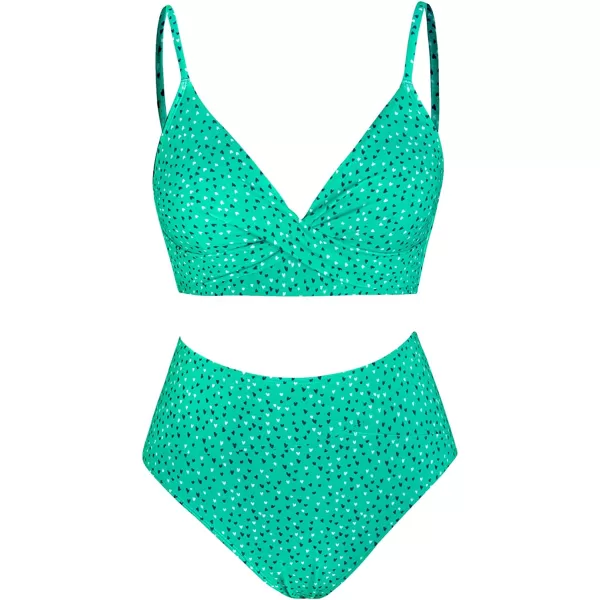 imageCUPSHE Womens Bikini Sets Two Piece Swimsuit High Waisted V Neck Twist Front Adjustable Spaghetti Straps Bathing SuitMint Heart Dot