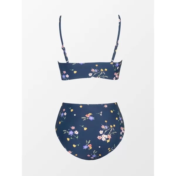 imageCUPSHE Womens Bikini Sets Two Piece Swimsuit High Waisted V Neck Twist Front Adjustable Spaghetti Straps Bathing SuitNavy Blue Floral