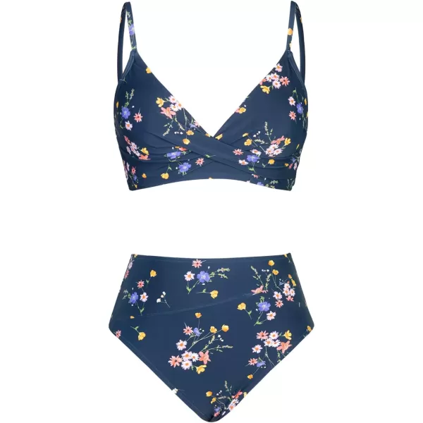 imageCUPSHE Womens Bikini Sets Two Piece Swimsuit High Waisted V Neck Twist Front Adjustable Spaghetti Straps Bathing SuitNavy Blue Floral
