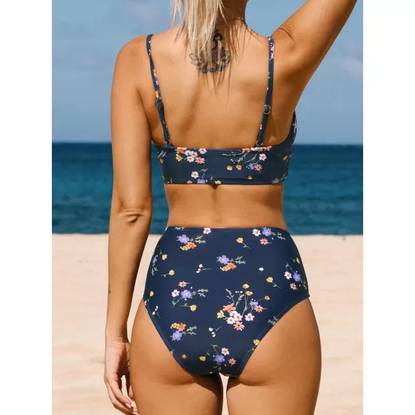 imageCUPSHE Womens Bikini Sets Two Piece Swimsuit High Waisted V Neck Twist Front Adjustable Spaghetti Straps Bathing SuitNavy Blue Floral