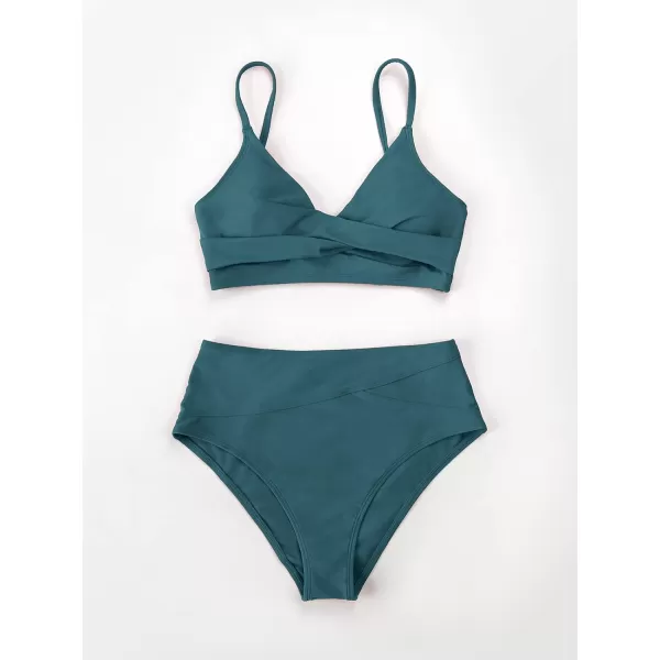 imageCUPSHE Womens Bikini Sets Two Piece Swimsuit High Waisted V Neck Twist Front Adjustable Spaghetti Straps Bathing SuitOcean Blue
