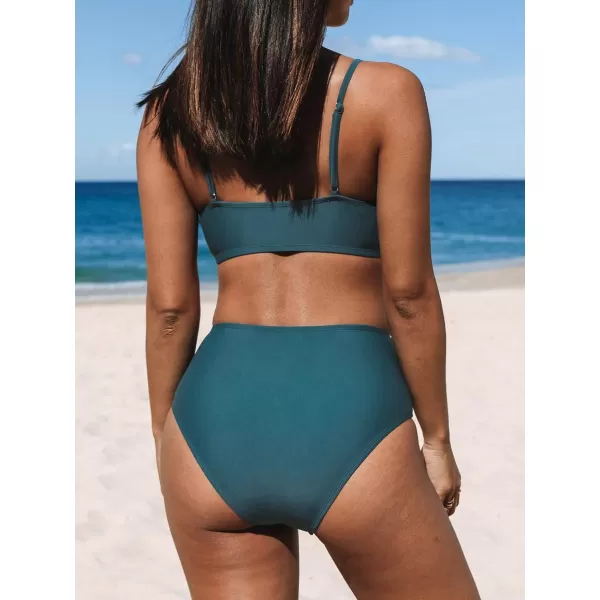 imageCUPSHE Womens Bikini Sets Two Piece Swimsuit High Waisted V Neck Twist Front Adjustable Spaghetti Straps Bathing SuitOcean Blue