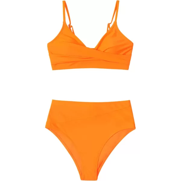 imageCUPSHE Womens Bikini Sets Two Piece Swimsuit High Waisted V Neck Twist Front Adjustable Spaghetti Straps Bathing SuitOrange