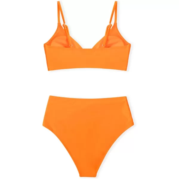 imageCUPSHE Womens Bikini Sets Two Piece Swimsuit High Waisted V Neck Twist Front Adjustable Spaghetti Straps Bathing SuitOrange