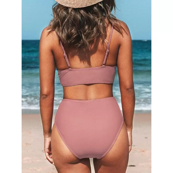 imageCUPSHE Womens Bikini Sets Two Piece Swimsuit High Waisted V Neck Twist Front Adjustable Spaghetti Straps Bathing SuitPink