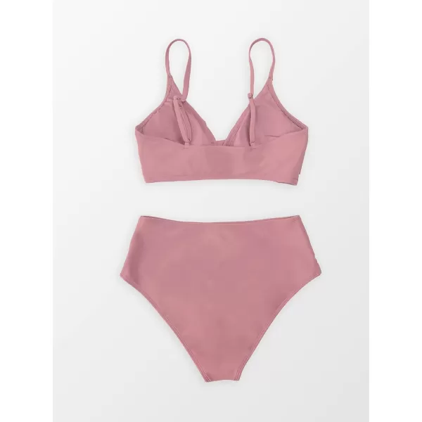 imageCUPSHE Womens Bikini Sets Two Piece Swimsuit High Waisted V Neck Twist Front Adjustable Spaghetti Straps Bathing SuitPink