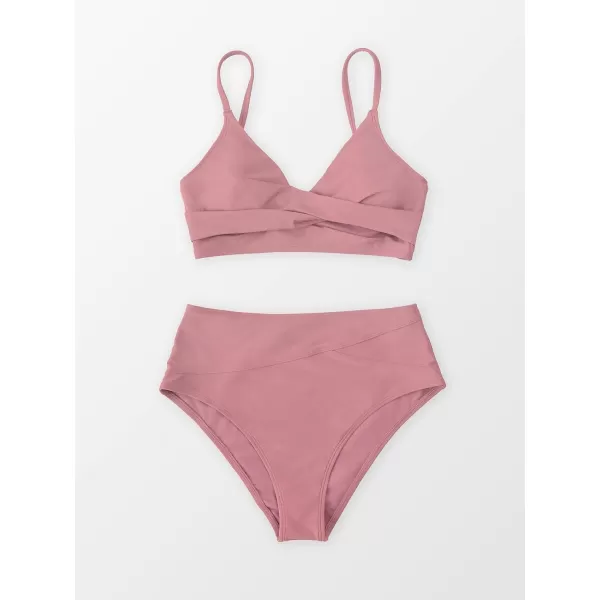 imageCUPSHE Womens Bikini Sets Two Piece Swimsuit High Waisted V Neck Twist Front Adjustable Spaghetti Straps Bathing SuitPink