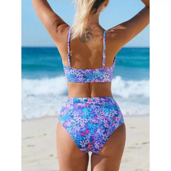 imageCUPSHE Womens Bikini Sets Two Piece Swimsuit High Waisted V Neck Twist Front Adjustable Spaghetti Straps Bathing SuitPurple Blue Floral