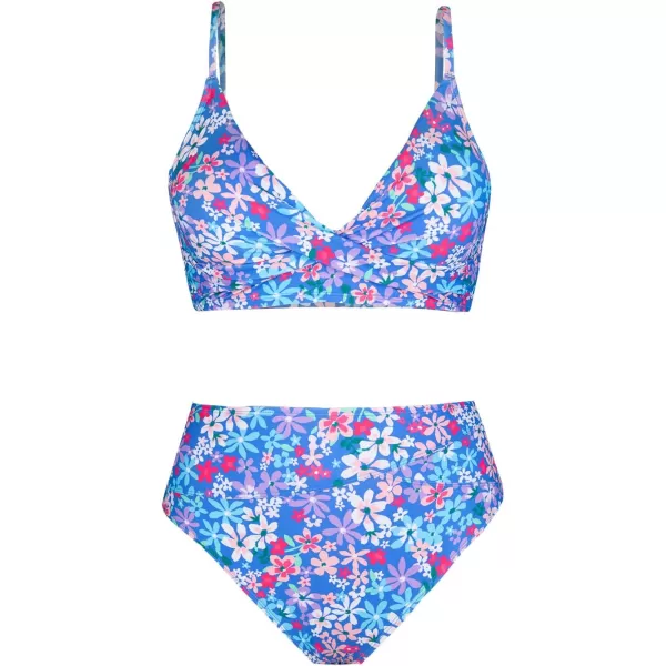 imageCUPSHE Womens Bikini Sets Two Piece Swimsuit High Waisted V Neck Twist Front Adjustable Spaghetti Straps Bathing SuitPurple Blue Floral