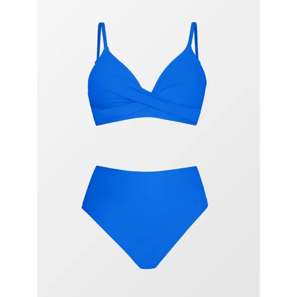 imageCUPSHE Womens Bikini Sets Two Piece Swimsuit High Waisted V Neck Twist Front Adjustable Spaghetti Straps Bathing SuitRoyal Blue