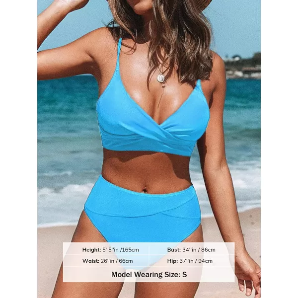 imageCUPSHE Womens Bikini Sets Two Piece Swimsuit High Waisted V Neck Twist Front Adjustable Spaghetti Straps Bathing SuitSky Blue