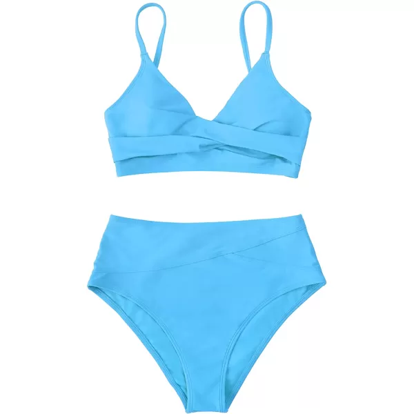 imageCUPSHE Womens Bikini Sets Two Piece Swimsuit High Waisted V Neck Twist Front Adjustable Spaghetti Straps Bathing SuitSky Blue