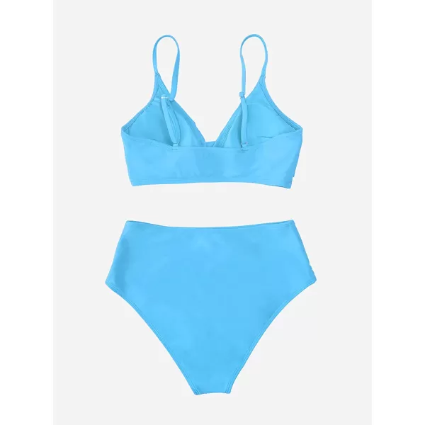 imageCUPSHE Womens Bikini Sets Two Piece Swimsuit High Waisted V Neck Twist Front Adjustable Spaghetti Straps Bathing SuitSky Blue