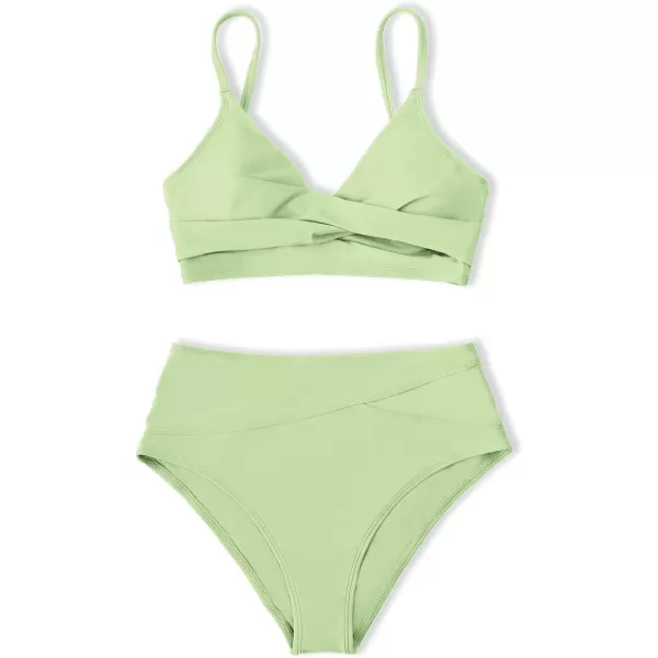 imageCUPSHE Womens Bikini Sets Two Piece Swimsuit High Waisted V Neck Twist Front Adjustable Spaghetti Straps Bathing SuitTea Green