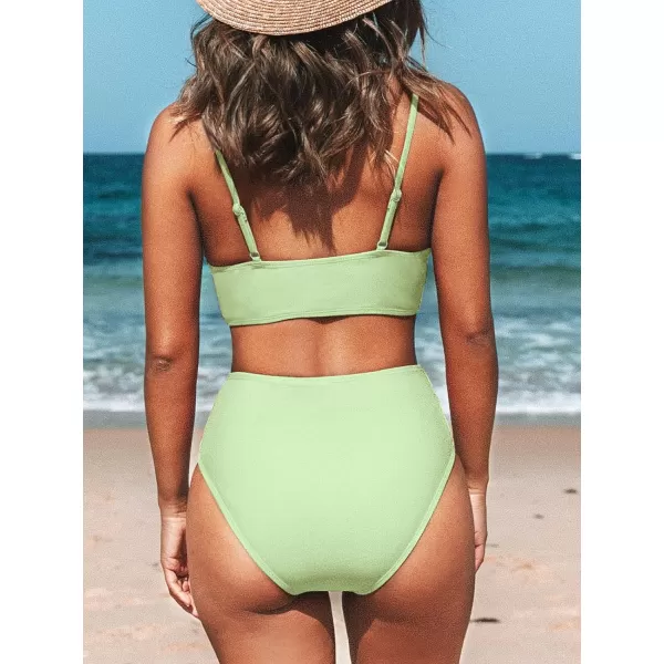 imageCUPSHE Womens Bikini Sets Two Piece Swimsuit High Waisted V Neck Twist Front Adjustable Spaghetti Straps Bathing SuitTea Green