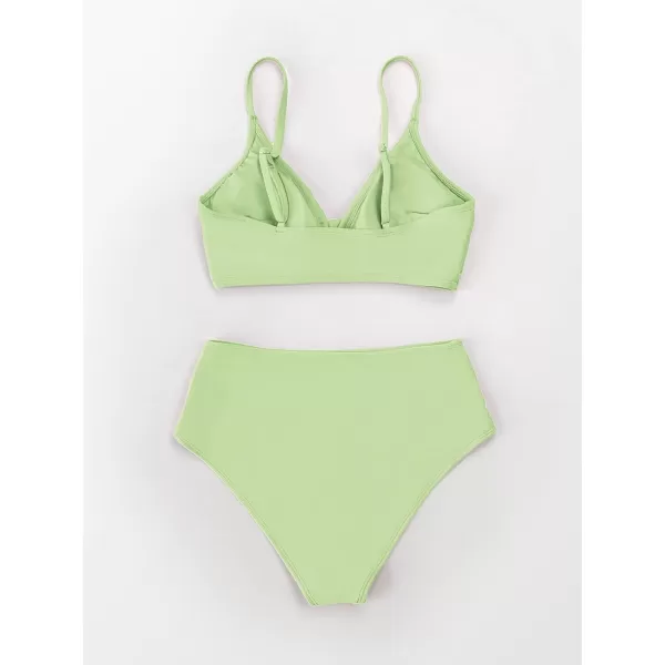 imageCUPSHE Womens Bikini Sets Two Piece Swimsuit High Waisted V Neck Twist Front Adjustable Spaghetti Straps Bathing SuitTea Green