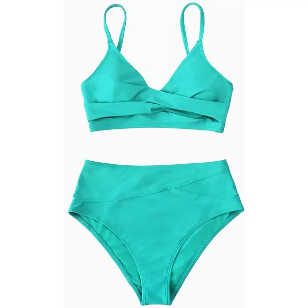 imageCUPSHE Womens Bikini Sets Two Piece Swimsuit High Waisted V Neck Twist Front Adjustable Spaghetti Straps Bathing SuitTurquoise