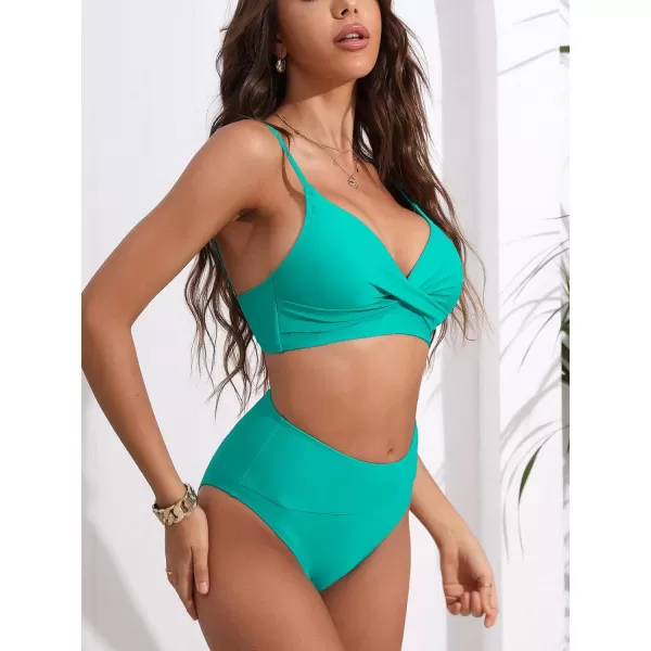 imageCUPSHE Womens Bikini Sets Two Piece Swimsuit High Waisted V Neck Twist Front Adjustable Spaghetti Straps Bathing SuitTurquoise