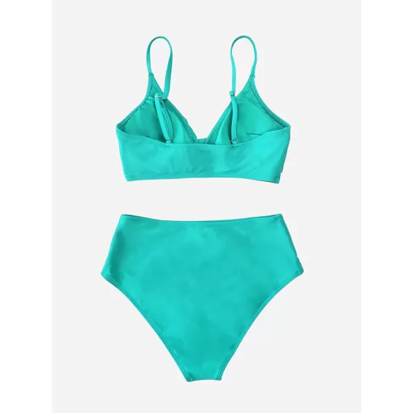 imageCUPSHE Womens Bikini Sets Two Piece Swimsuit High Waisted V Neck Twist Front Adjustable Spaghetti Straps Bathing SuitTurquoise