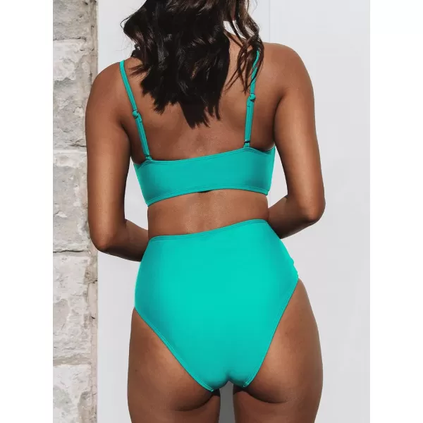imageCUPSHE Womens Bikini Sets Two Piece Swimsuit High Waisted V Neck Twist Front Adjustable Spaghetti Straps Bathing SuitTurquoise