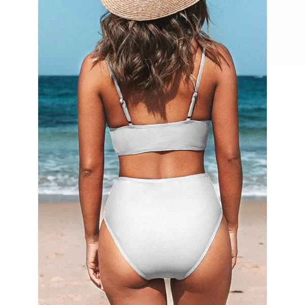 imageCUPSHE Womens Bikini Sets Two Piece Swimsuit High Waisted V Neck Twist Front Adjustable Spaghetti Straps Bathing SuitWhite