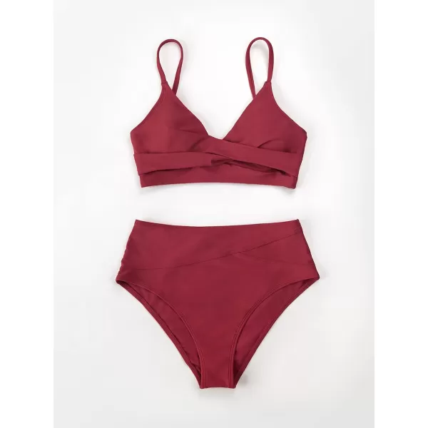 imageCUPSHE Womens Bikini Sets Two Piece Swimsuit High Waisted V Neck Twist Front Adjustable Spaghetti Straps Bathing SuitWine Red