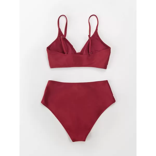 imageCUPSHE Womens Bikini Sets Two Piece Swimsuit High Waisted V Neck Twist Front Adjustable Spaghetti Straps Bathing SuitWine Red