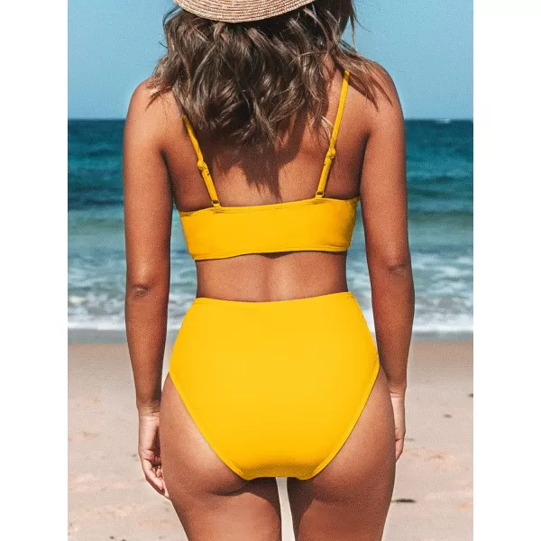 imageCUPSHE Womens Bikini Sets Two Piece Swimsuit High Waisted V Neck Twist Front Adjustable Spaghetti Straps Bathing SuitYellow