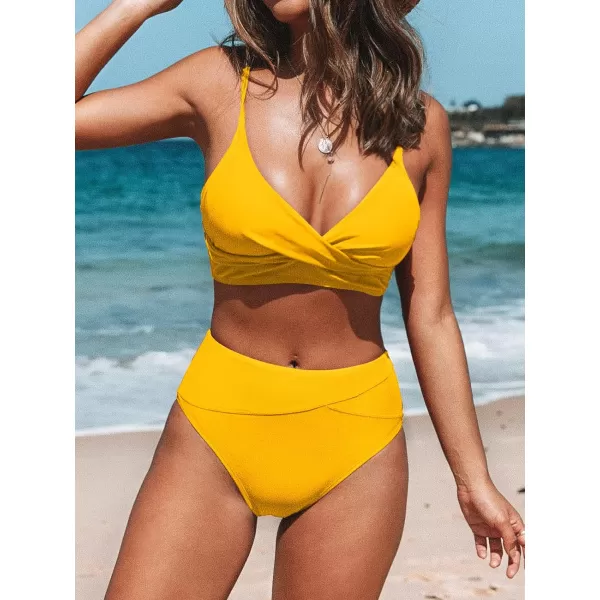 imageCUPSHE Womens Bikini Sets Two Piece Swimsuit High Waisted V Neck Twist Front Adjustable Spaghetti Straps Bathing SuitYellow