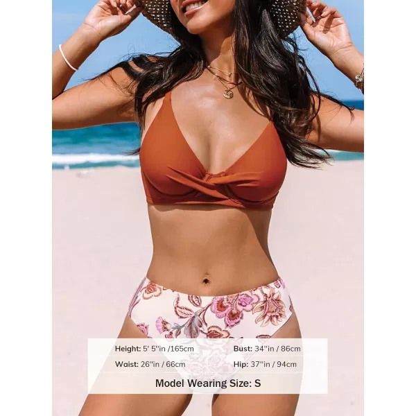 imageCUPSHE Womens Bikini Sets Two Piece Swimsuit High Waisted V Neck Twist Underwire Back HookBrownPink Floral