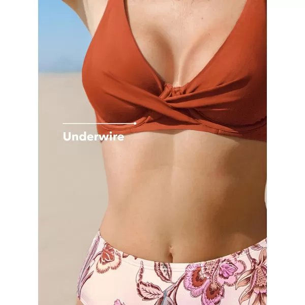 imageCUPSHE Womens Bikini Sets Two Piece Swimsuit High Waisted V Neck Twist Underwire Back HookBrownPink Floral