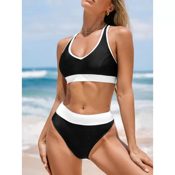 imageCUPSHE Womens Bikini Sets Two Piece Swimsuit High Waisted V Neck Wide Straps Racerback Tank Color BlockBlackWhite