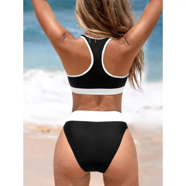 imageCUPSHE Womens Bikini Sets Two Piece Swimsuit High Waisted V Neck Wide Straps Racerback Tank Color BlockBlackWhite