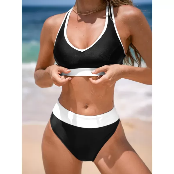 imageCUPSHE Womens Bikini Sets Two Piece Swimsuit High Waisted V Neck Wide Straps Racerback Tank Color BlockBlackWhite