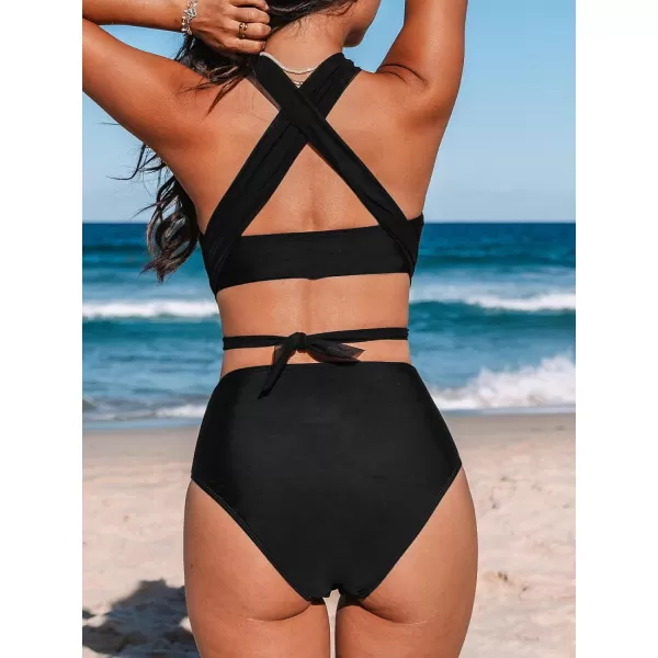 imageCUPSHE Womens Bikini Sets Two Piece Swimsuit High Waisted V Neck Wrapped Tie Push Up Underwire Bathing SuitBlack